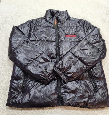 Spalding Men s Black Puffer Varsity Jacket Winter Coat Satin Bomber Sz Large
