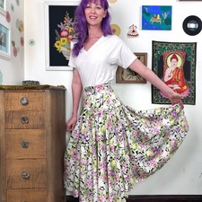 Vintage Floral Prairie Skirt, 1970s Pink  Purple Flower Print High Waist Midi M