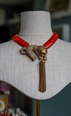 CINER 18k Gold Plated Enamel, Crystal Lion Tassel Necklace