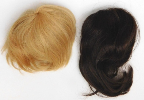 Menge 2 Vintage Echthaar glatte Puppenperücken l Made in Hong Kong braun blond