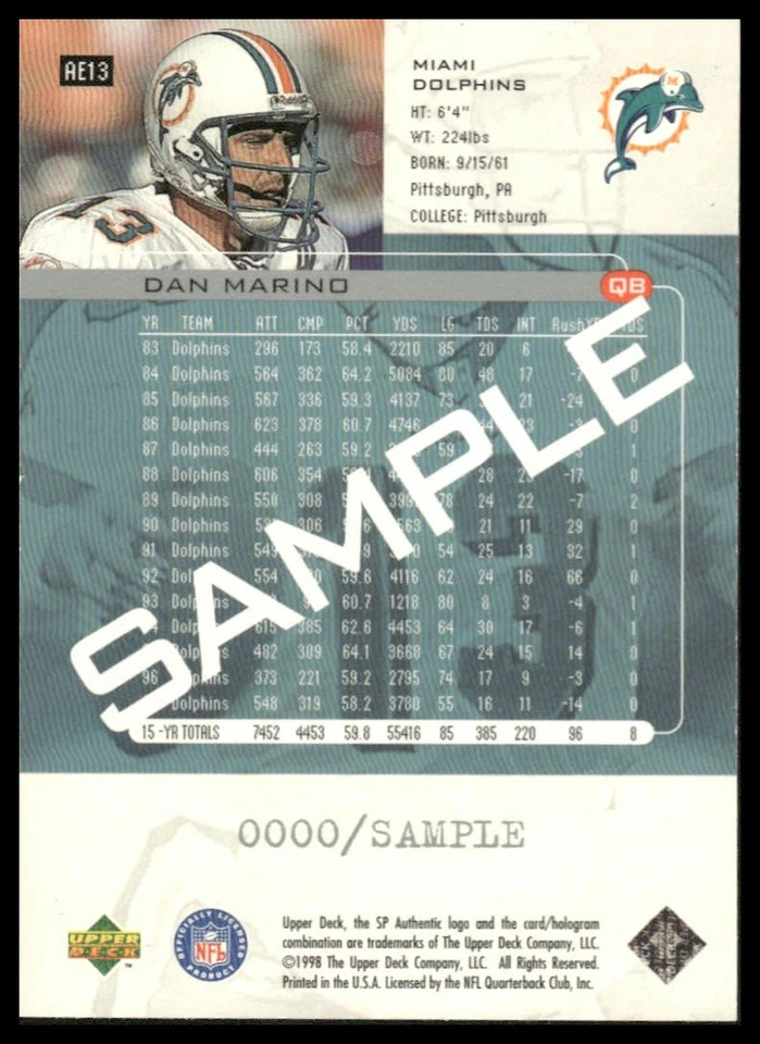 1998 SP Authentic #AE13 Dan Marino Miami Dolphins - Image 2 of 2