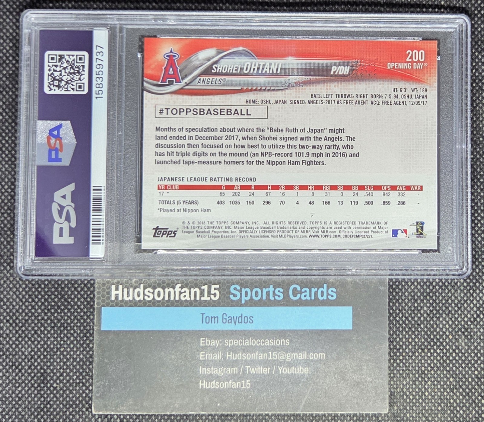 Shohei Ohtani 2018 Topps Opening Day Rookie #200 PSA 9 Mint Los Angeles Angels view 2