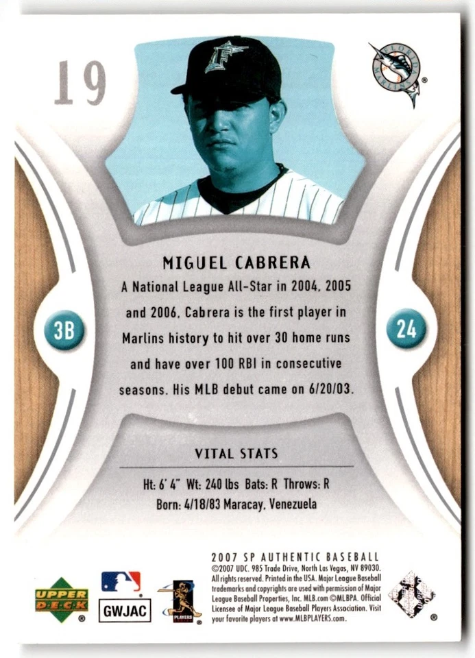 Miguel Cabrera 2007 SP Authentic #19 Florida Marlins - Image 2 of 2