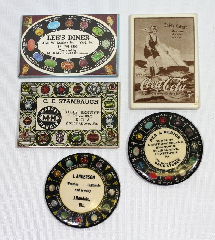 5 Vintage Advertising Celluloid Pocket Mirror Birthstone Coca Cola Jewelry Lot 2