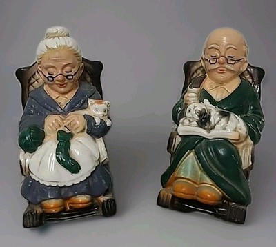 Vtg Grandma & Grandpa Ceramic Rocking Chair Retirement Matching Coin Banks Japan