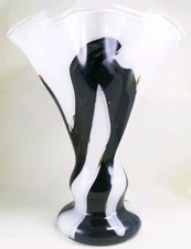 Hand Blown Murano Style Gold Glitter Black Brushstroke Ruffle Art Glass Vase 13"