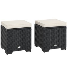 Outsunny Set of 2 Rattan Footstool, Storage Ottoman w/ Cushions, Cream