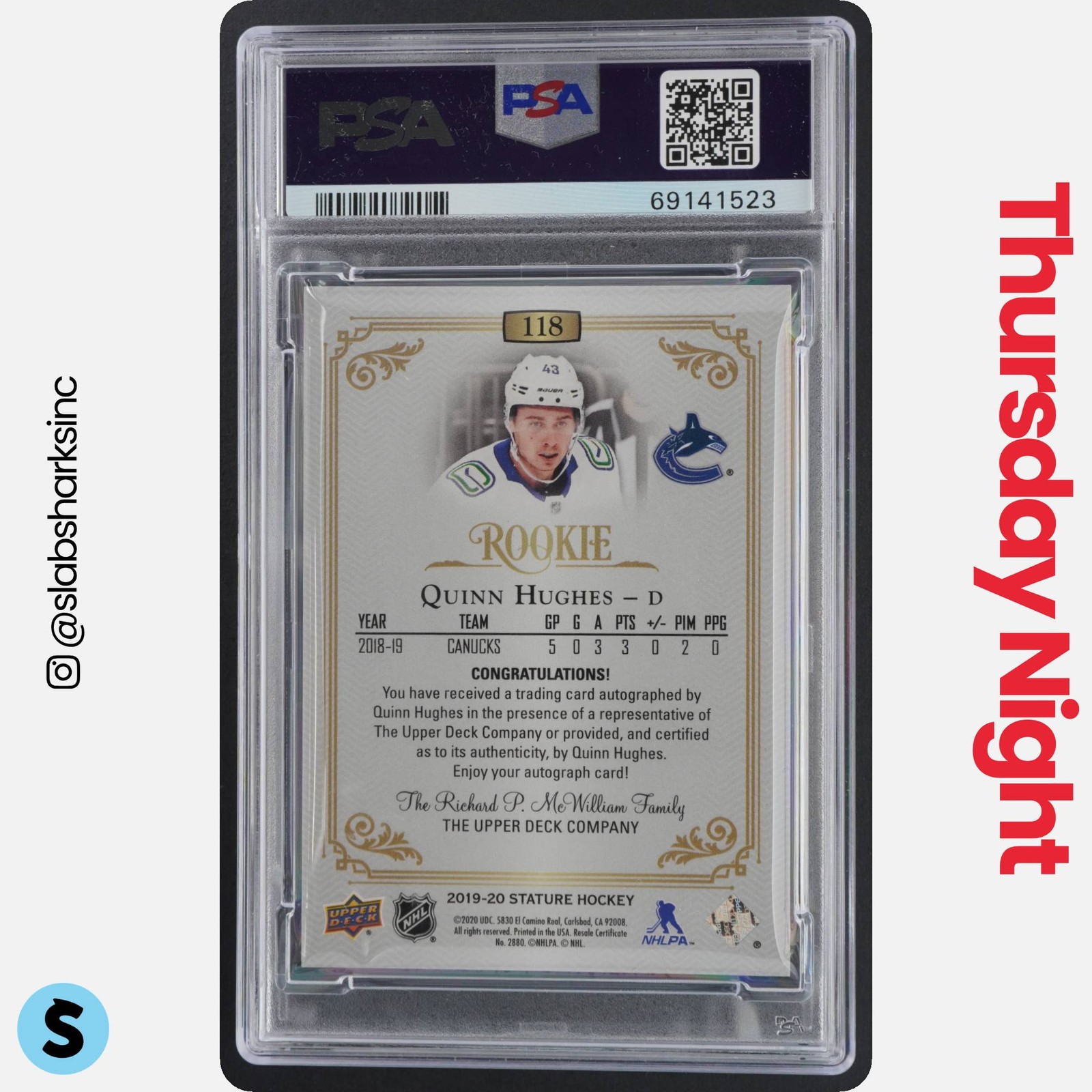 2019 UPPER DECK STATURE #118 QUINN HUGHES GREEN ROOKIE AUTO RC /85 PSA 8 view 2