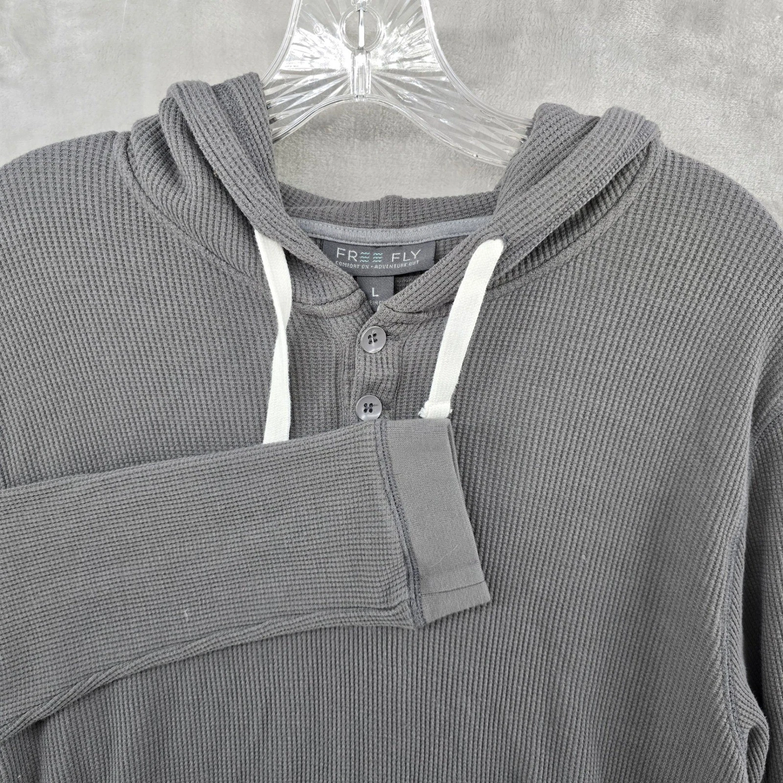 Free Fly Hoodie Mens Large Gray Bamboo Waffle Knit Henley Pullover Long Sleeve
