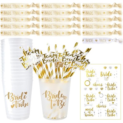 JGA Deko Set 16 teilig Bride Tribe Team Bride Becher Armbänder Tattoos Gold
