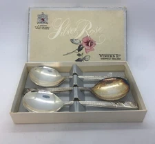 6 Vintage Viners Silver Rose Soup Spoons silver plated in original box