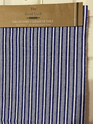 THE GOOD COOK Blue Stripe Cotton Farmhouse Table Runner 14X72 in NEW - Picture 2 of 3