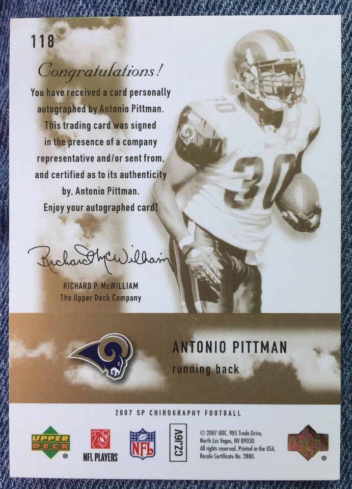 ANTONIO PITTMAN 07 UPPER DECK SP CHIROGRAPHY AUTOGRAPHED ROOKIE 213/699 RAMS - Image 2 of 2