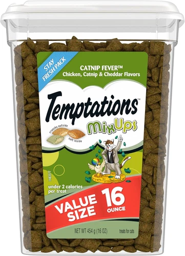 TEMPTATIONS MIXUPS Crunchy and Soft Cat Treats Catnip Fever Flavor, 16 oz. Tub