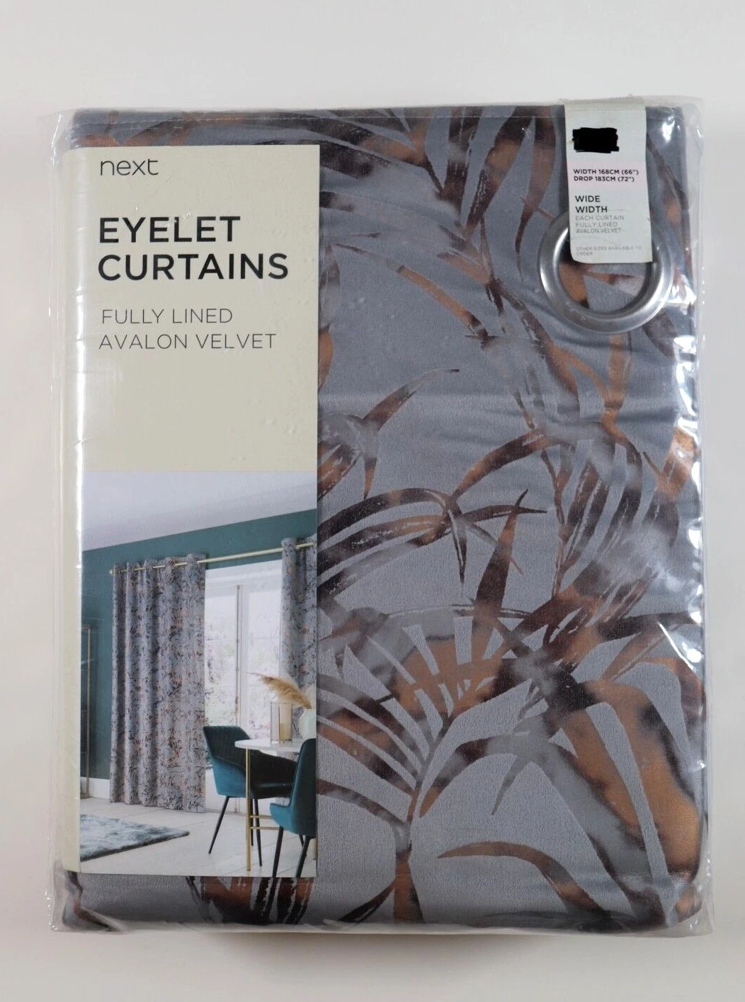NEXT AVALON VELVET LEAF FLORAL EYELET FULLY LINED CURTAINS 168X183CM 228X229CM