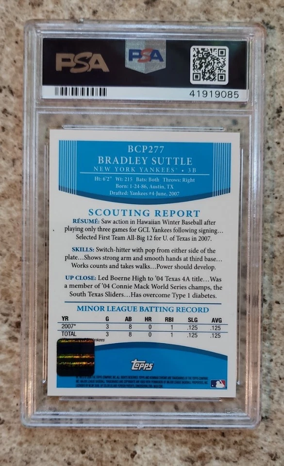 Pop 1 2008 Bowman Chrome Prospects refractor Bradley Suttle #BCP277 automático PSA 9 Foto 2 de 3