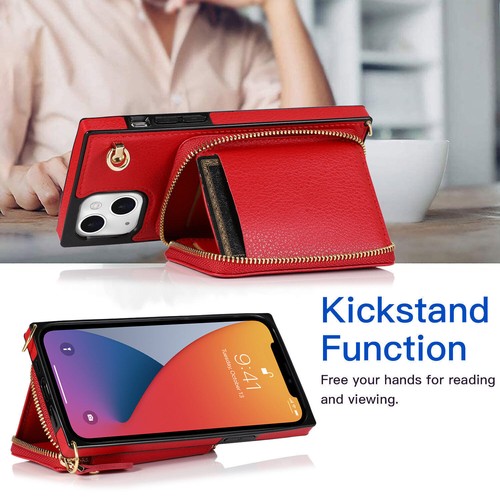 Leather Card Wallet Case For iPhone 16 15 14 13 11 Pro Max 12 8 Crossbody Strap - Picture 32 of 84