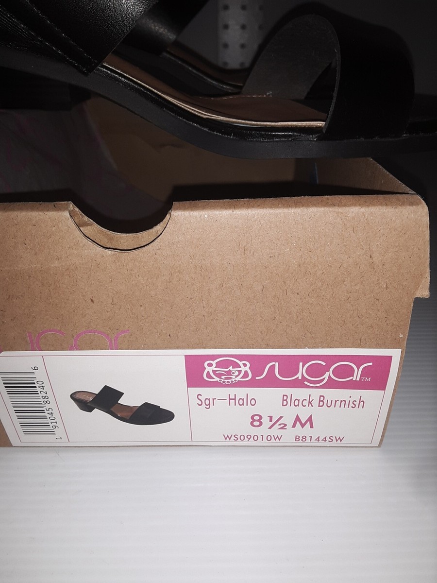 Sugar Womens HALO Size 8.5 BLACK burnish micro Heel Open Toe Shoes