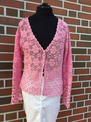 Häkelstrickjacke Pullover Gr. L/XL Handarbeit Handmade Rosa Blumen Einzelstück