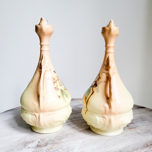 Antique Art Nouveau Amphora Moth Floral Bohemia Ombre Austrian Vase Pair 7" - Picture 5 of 18