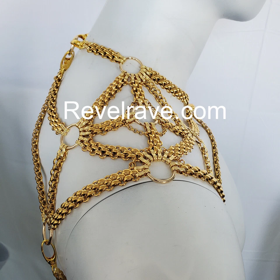 Rave Burning Men Gold Punk Festival Shoulder BodyChain Harness Carnival Outfits - Image 3 of 4