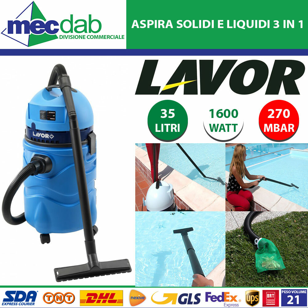 Aspiraliquidi e Solidi Per Piscina e Garage 1600W 35L 270 MBAR Lavor Swimmy  3in1