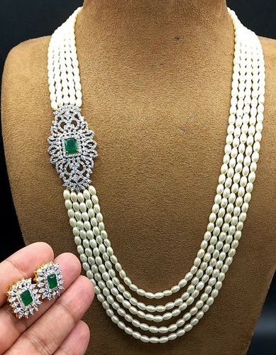 Indian Pakistani Long Pearl Mala Necklace Bridal Gold Plated Wedding Jewelry Set - Picture 2 of 3
