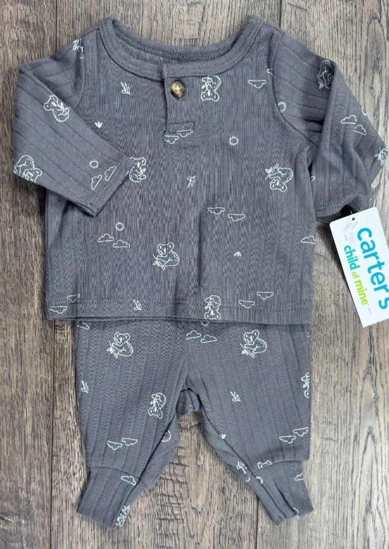 Baby Boy Clothes New Child Mine Carter's Preemie 2pc Gray Koala Outfit