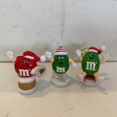 Lot Of 3 M&M ORNAMENTS RED SACK, Green Snowball And Green Sledding