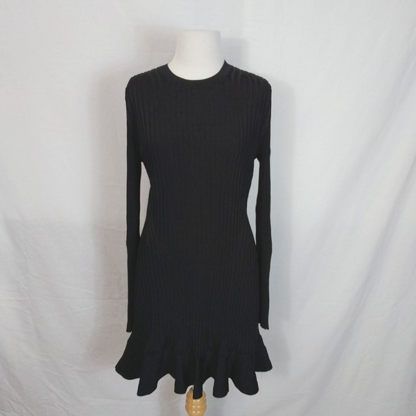 ME EM Womens Size 14 Black Ribbed Knit Dress Stretch Ruffled Hem Long Sleeves