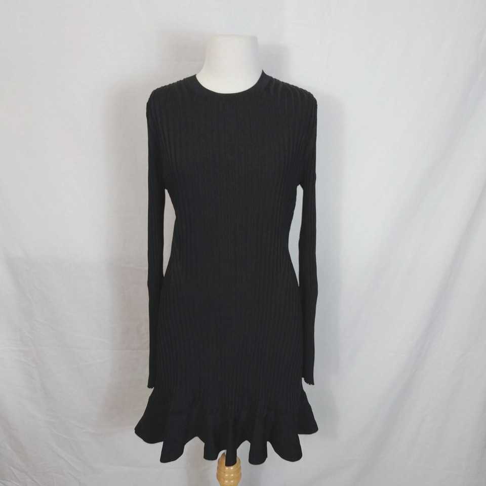 ME EM Womens Size 14 Black Ribbed Knit Dress Stretch Ruffled Hem Long Sleeves