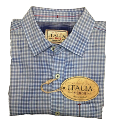$110 Vintage Italia Mens Button Front Blue Shirt Plaid long Sleeve