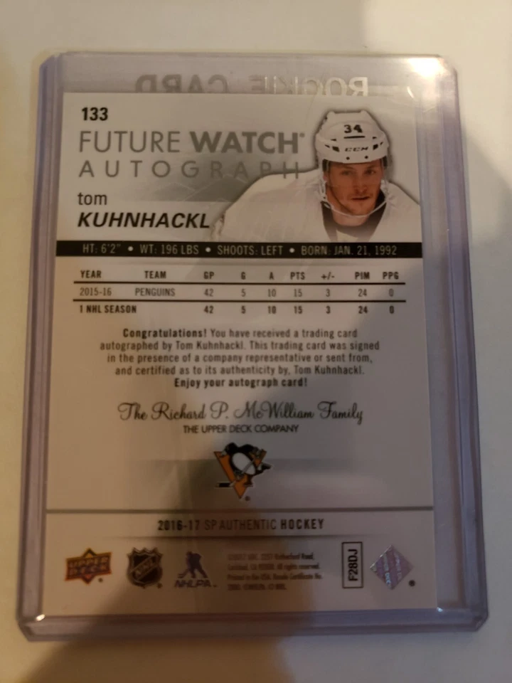 2016-17 UD SP Authentic Tom Kuhnhackl Future Watch Auto /999 Rookie #133 - Image 2 of 2