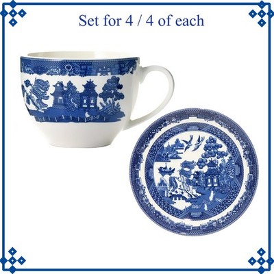 4-Pairs Blue Willow Teacup & Saucer Porcelain Antique Oriental Style