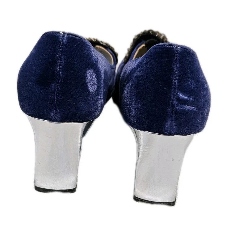 Custom Craft Vtg MCM 60s Blue Velvet Silver Square Toe Block Heel Bridal Size 7 - Image 3 of 4