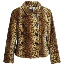 Cheetah Animal Print Faux Fur Jacket Women's Large Lined Double Breasted Buttons