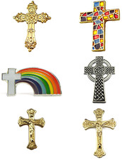 6 Piece Holy Cross & Crucifix Pin Badge Set Catholic Christian Collection