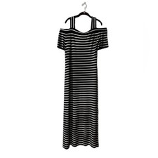 Nine West Black and White Striped Cold-Shoulder Maxi Dress