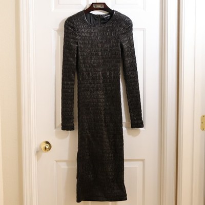 Tom Ford shirred black lamb leather silk lining mid-length dress 4 / S