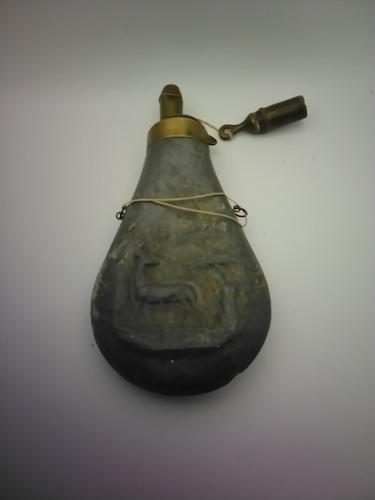 Vintage Antique Zinc Black Powder Flask W/ Deer Difficult To Find