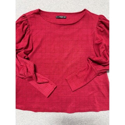 Mango Basics Red Glen Plaid Puff Sleeve Boat Neck Top Womens Size Small S