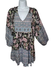 Gigio Boho Pink Floral Balloon Sleeve Above-knee Shift Dress W Pockets S