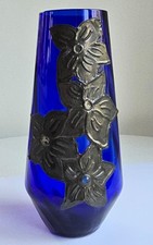 Art Nouveau Cobalt Blue Vase with Pewter Overlay with Floral Design