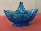 Fenton Daisy & Button Colonial Blue Glass Split Handle Basket