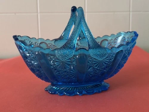 Fenton Daisy & Button Colonial Blue Glass Split Handle Basket