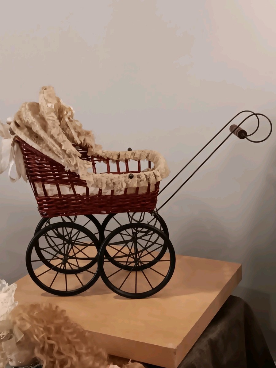 Vintage Victorian Baby Doll Carriage Stroller Buggy Wicker Wood Steel 17”  X 16