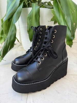 Chanel 2024 Platform CC Logo Combat Wedge Lambskin Lace Up Ankle