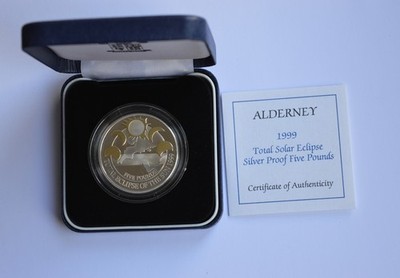 1999 Total Solar Eclipse Alderney Silber PP £5 Münze