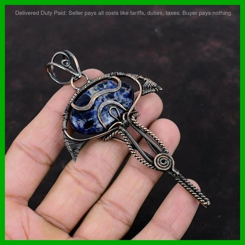 Oval Sodalite Stone Daughter Boho Wire Wrapped Wedding Artisan Pendant Copper - product listing photo