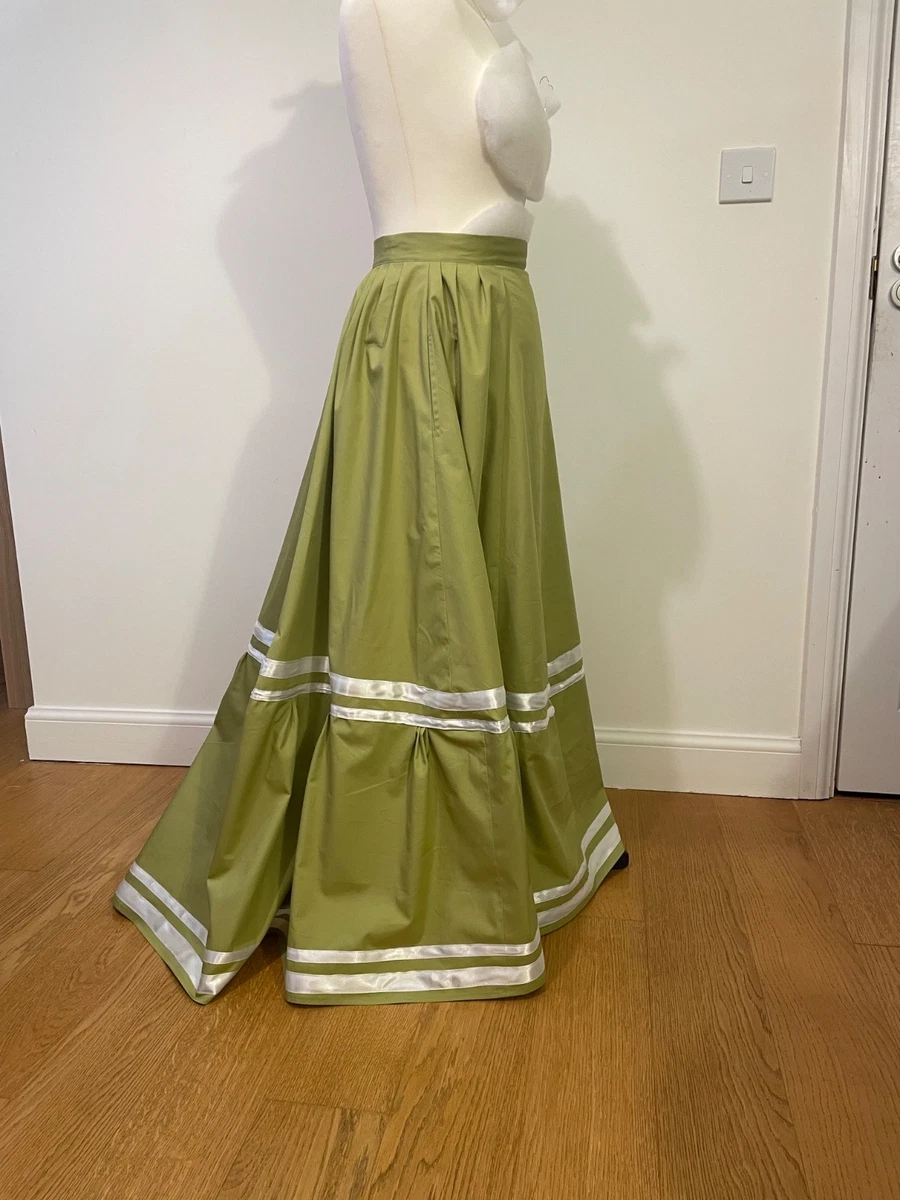 Falda acanalada estilo principios de 1900 con volante plisado, cintas de satén, longitud completa